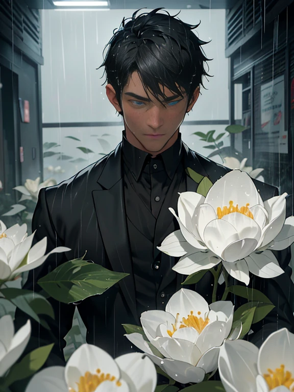 Best quality, high resolution ,A man with short hair,Black color hair, blacksuit,White flowers on the chest，[funereal]，white ribbons, maturity, silence, Closed mouth, Soaked all over, Rainy days, heavy rain, White flowers, ,(Heavy fog:1.3), Dim light, inside in room, waterface, drenched in rain, blue eyes.