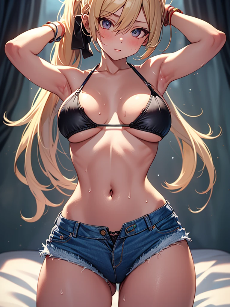 (highest quality, High resolution, perfect pixel, Depth of bounds written, 4K), (cowboy shot), bed, detailed eyes, (1 lady), tall, (skinny body:1.2), (thin thighs:1.2), (Narrow hips:1.2), middle breasts, blond hair, (ponytail:1.2), (black triangle bikini:1.2), (denim short pants), (unbutton:1.3), (panty strap:1.3), (sexy pose), (swayback stance:1.2), (arms behind head:1.2), (standing:1.2), (contrapposto), (clear face), sweat, 