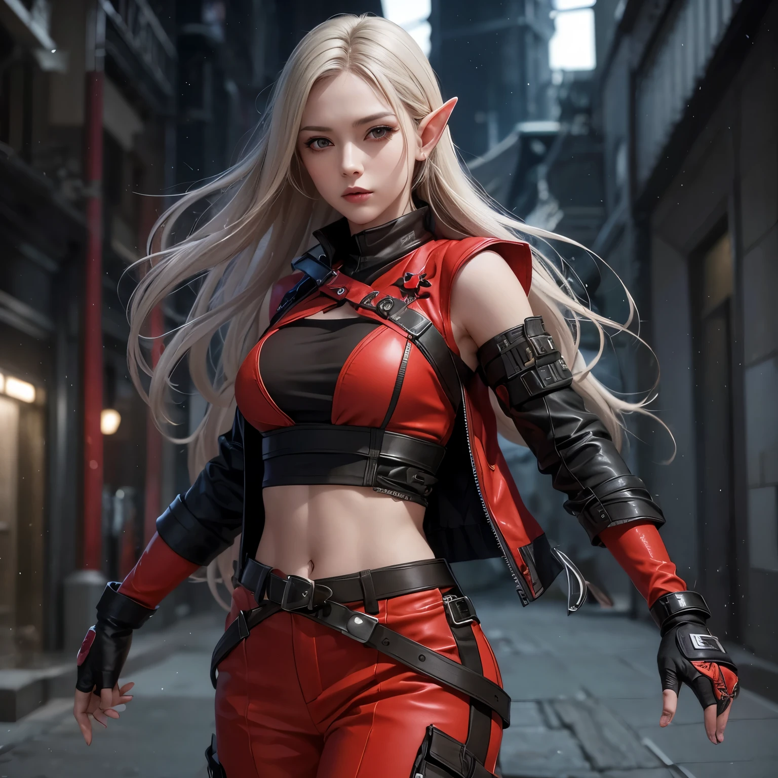 2.5D CGI anime fantasy portrait artwork Waist up Elf girl wearing a detailed, red & black elegant top with small jacket & cargo techwaer ninja pants, leather gloves in action, sharp focus, cinematic illumination, (masterpiece), best quality, expressive eyes, perfect face, 8k
