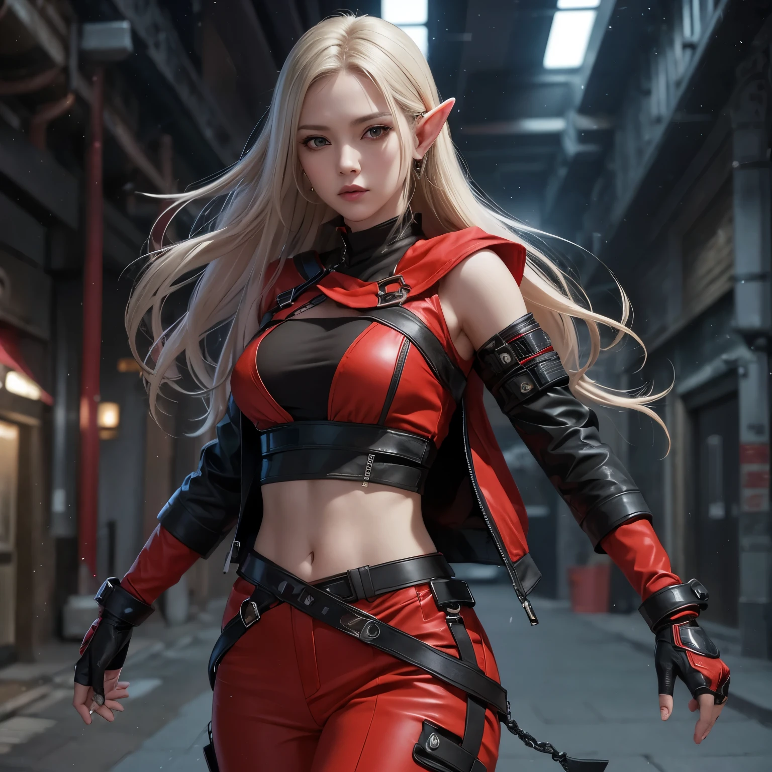 2.5D CGI anime fantasy portrait artwork Waist up Elf girl wearing a detailed, red & black elegant top with small jacket & cargo techwaer ninja pants, leather gloves in action, sharp focus, cinematic illumination, (masterpiece), best quality, expressive eyes, perfect face, 8k