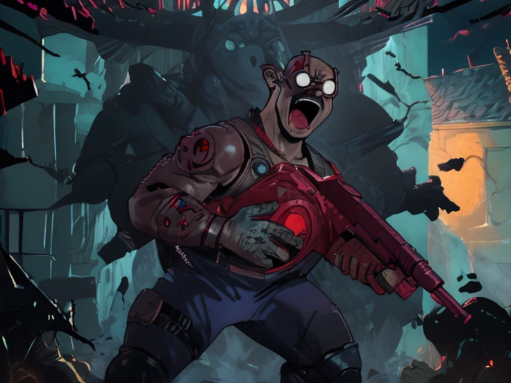 Carl Brutananadilewdki holding Mega Electric Handgun on Church at Midnight, Angry and Yelling, Rage, Open Mouth, Style of Dorohedoro
