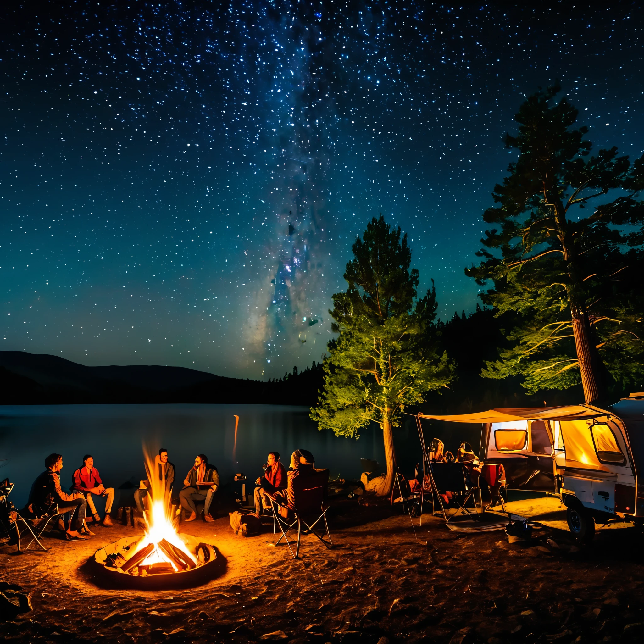 Ultra HD, Masterpiece, Award-Winning Quality, High Resolution, 8K, High Detail, Outdoor Camping, Campervan, Campsite, Tent, Crowd Having Fun by Campfire, Lake, Trees, Night, Starry Sky, Amazing View