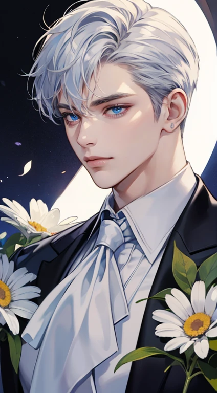((masterpiece)),(((best quality))), (detailed light) (detailed shadow), (high quality, breathtaking),(expressive eyes, perfect face), 1man, solo, male, tall, (mature), board shoulder, muscular, short Platinum hair, side swep bangs, blue eyes, smiling softly, white suit, white tie, daisy flower background, flower petal flying, windy, look at viewer, one ear earing. 31 year
