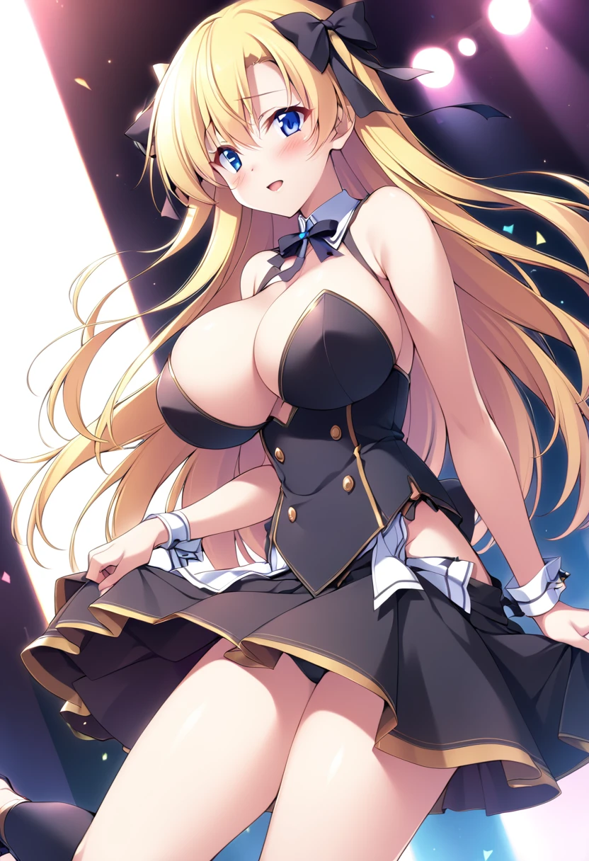 HousenElis, blue eyes, Yellow hair, long hair, ribbon,, large breasts, live stage, solo, 16years old, , nsfw