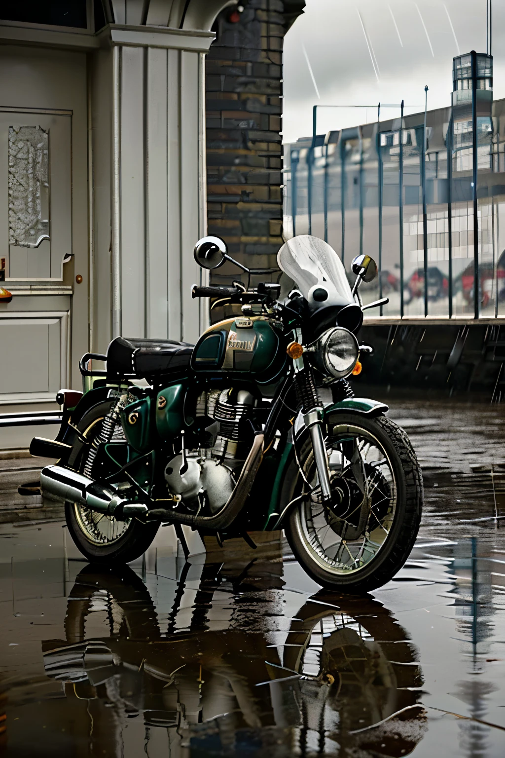Photo of a vintage motorcycle , it’s a Royal Enfield from 1965, shot from the side, London, rain, film photography style, 4k.