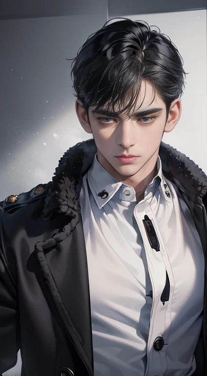 (best quality, masterpiece, 8 thousand, realistic, cinematic lighting, 1:4 HDR images, very detailed, beautiful photoature man, very handsome, ((cold expression)), black short hair, black eye, A perfect face without any mistakes, ((Buttoning my jacket, chief executive))