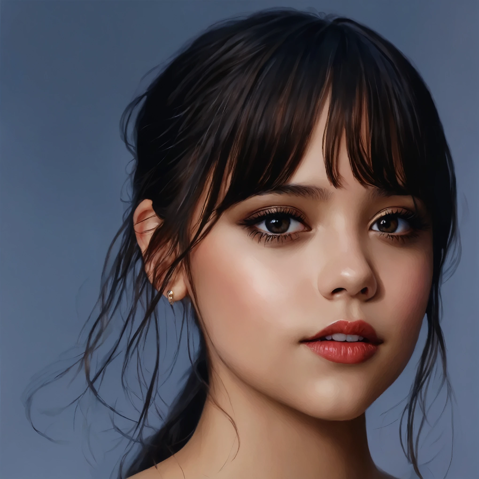 eine Nahaufnahme einer Frau mit einer Halskette um den Hals, ihr Gesicht sieht aus wie eine Orchidee, Jenna Ortega, sieht aus wie Christina Ricci, Isabela Moner, digital art. @Abonnieren, hyper-realistic beautiful face, Very pretty face, Hyperrealistische Gesichter, hyperrealistisches Farbfoto, Beautiful and realistic faces, Beautiful and realistic face