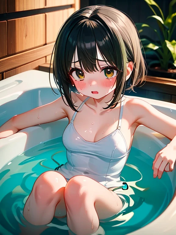 masterpiece,highest quality,Very detailed,A girl bathing in hot water,Scared,Panic,The pupils constrict,shout,Raise your eyebrows,Are crying,Eyes Wide Open, Swimsuit, One piece swimsuit, White swimsuit, Idolmaster Shiny Colors, Nanakusa nichika, Dark green hair, Short Hair, Watery eye, Feeling embarrassed, blush, torture, whole body, Thighs, hot water bath, Bright red skin, Glowing skin