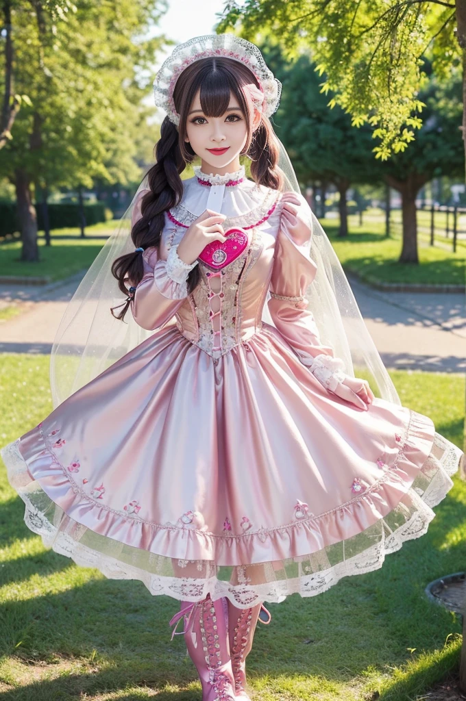 sexy stylish Russian model, only 1 female, ((doll-like appearance)), long neon pink stylish hair, ((shiny Victorian-Style boots)), (big smile), ultra detailed eyes, very detailed eye makeup, lipgloss, long lashes, defined eyebrows, ((sexy Sweet ta cosplay)), bell-shaped skirt, petticoats, high neckline, puffed sleeves, ((ultra detailed lace)), ((ultra detailed embroidery)), intricate details, animals, fairy tales, heart-shaped bag, Sweet Loliccessoires, large bow, Sweet Lolita cr, ((large sparkling Sweet Lolita jewel, cinematic light, detailed large park background with trees