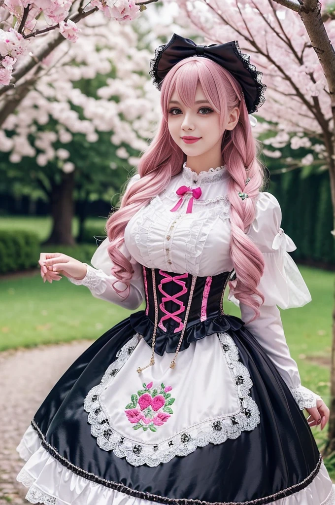 sexy stylish Russian model, only 1 female, ((doll-like appearance)), long neon pink stylish hair, ((shiny Victorian-Style boots)), (big smile), ultra detailed eyes, very detailed eye makeup, lipgloss, long lashes, defined eyebrows, ((sexy Sweet Lolita cosplay)), bell-shaped skirt, petticoats, high neckline, puffed sleeves, ((ultra detailed lace)), ((ultra detailed embroidery)), intricate details, animals, fairy tales, heart-shaped bag, Sweet Lolita accessoires, large bow, Sweet Lolita choker, ((large sparkling Sweet Lolita jewelry)), cinematic light, detailed large park background with trees