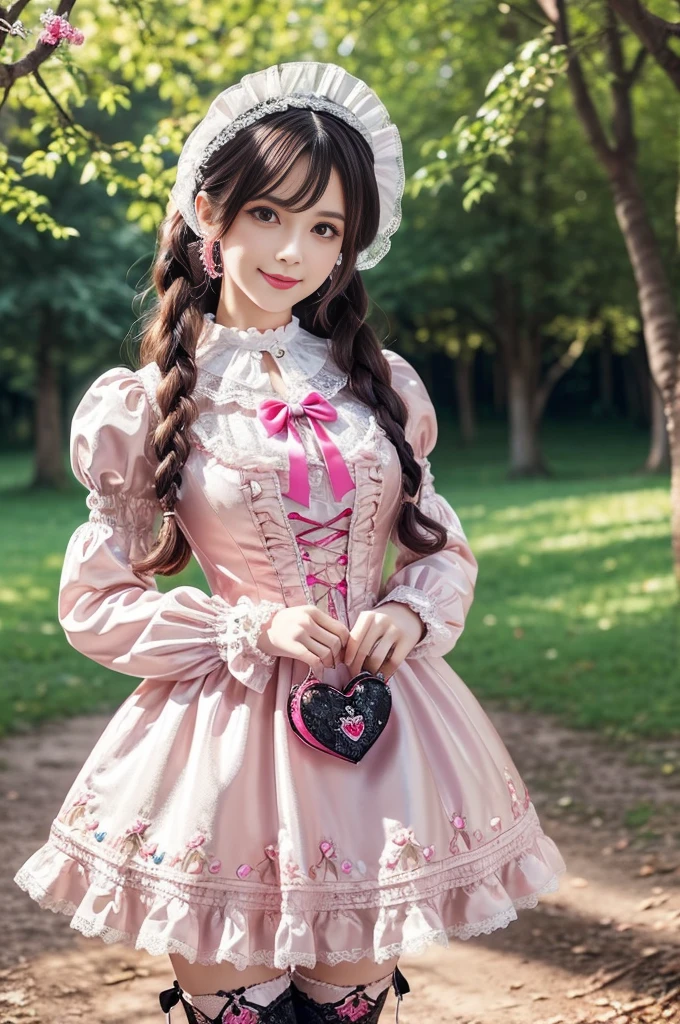 sexy stylish Russian model, only 1 female, ((doll-like appearance)), long neon pink stylish hair, ((shiny Victorian-Style boots)), (big smile), ultra detailed eyes, very detailed eye makeup, lipgloss, long lashes, defined eyebrows, ((sexy Sweet ta cosplay)), bell-shaped skirt, petticoats, high neckline, puffed sleeves, ((ultra detailed lace)), ((ultra detailed embroidery)), intricate details, animals, fairy tales, heart-shaped bag, Sweet Loliccessoires, large bow, Sweet Lolita cr, ((large sparkling Sweet Lolita jewel, cinematic light, detailed large park background with trees