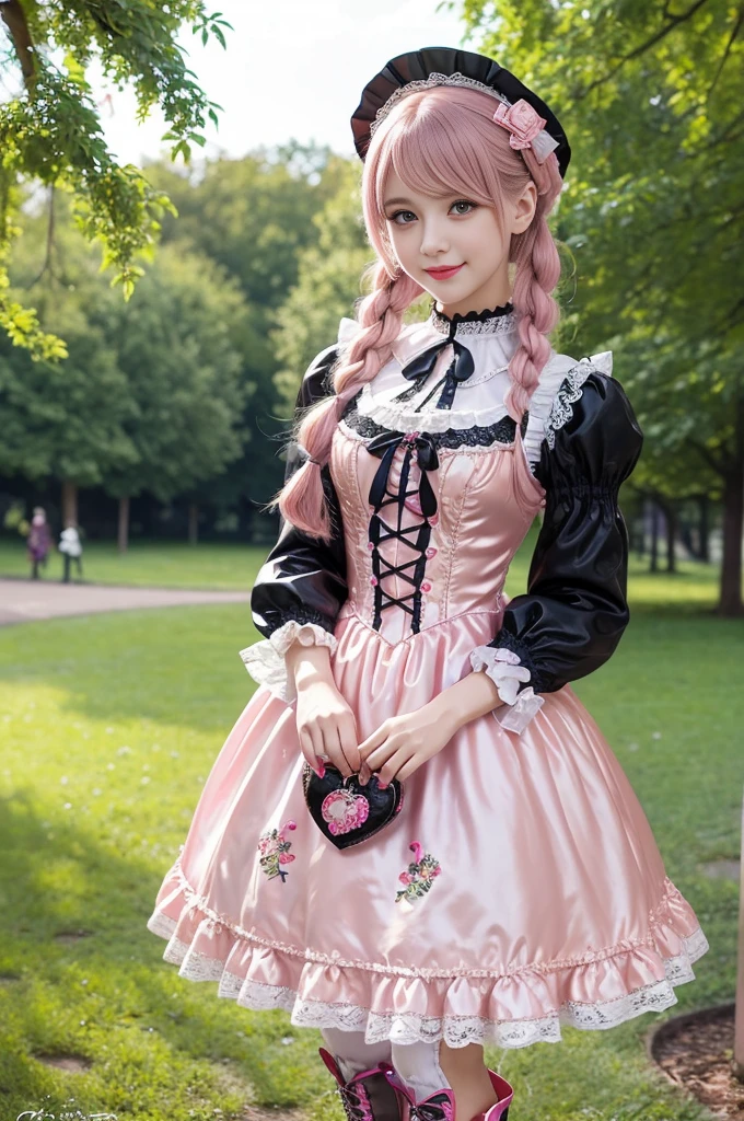 sexy stylish Russian model, only 1 female, ((doll-like appearance)), long neon pink stylish hair, ((shiny Victorian-Style boots)), (big smile), ultra detailed eyes, very detailed eye makeup, lipgloss, long lashes, defined eyebrows, ((sexy Sweet ta cosplay)), bell-shaped skirt, petticoats, high neckline, puffed sleeves, ((ultra detailed lace)), ((ultra detailed embroidery)), intricate details, animals, fairy tales, heart-shaped bag, Sweet Loliccessoires, large bow, Sweet Lolita cr, ((large sparkling Sweet Lolita jewel, cinematic light, detailed large park background with trees