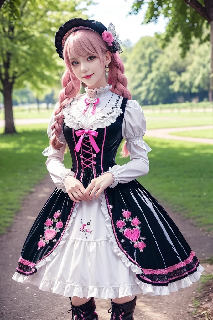 sexy stylish Russian model, only 1 female, ((doll-like appearance)), long neon pink stylish hair, ((shiny Victorian-Style boots)), (big smile), ultra detailed eyes, very detailed eye makeup, lipgloss, long lashes, defined eyebrows, ((sexy Sweet ta cosplay)), bell-shaped skirt, petticoats, high neckline, puffed sleeves, ((ultra detailed lace)), ((ultra detailed embroidery)), intricate details, animals, fairy tales, heart-shaped bag, Sweet Loliccessoires, large bow, Sweet Lolita cr, ((large sparkling Sweet Lolita jewel, cinematic light, detailed large park background with trees