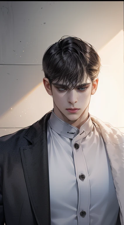 (best quality, masterpiece, 8 thousand, realistic, cinematic lighting, 1:4 HDR images, very detailed, beautiful photoature man, very handsome, ((cold expression)), black short hair, black eye, A perfect face without any mistakes, ((Buttoning my jacket, chief executive))