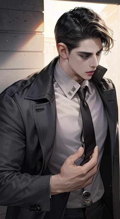(best quality, masterpiece, 8 thousand, realistic, cinematic lighting, 1:4 HDR images, very detailed, beautiful photoature man, very handsome, ((cold expression)), black short hair, black eye, A perfect face without any mistakes, ((Buttoning my jacket, chief executive))
