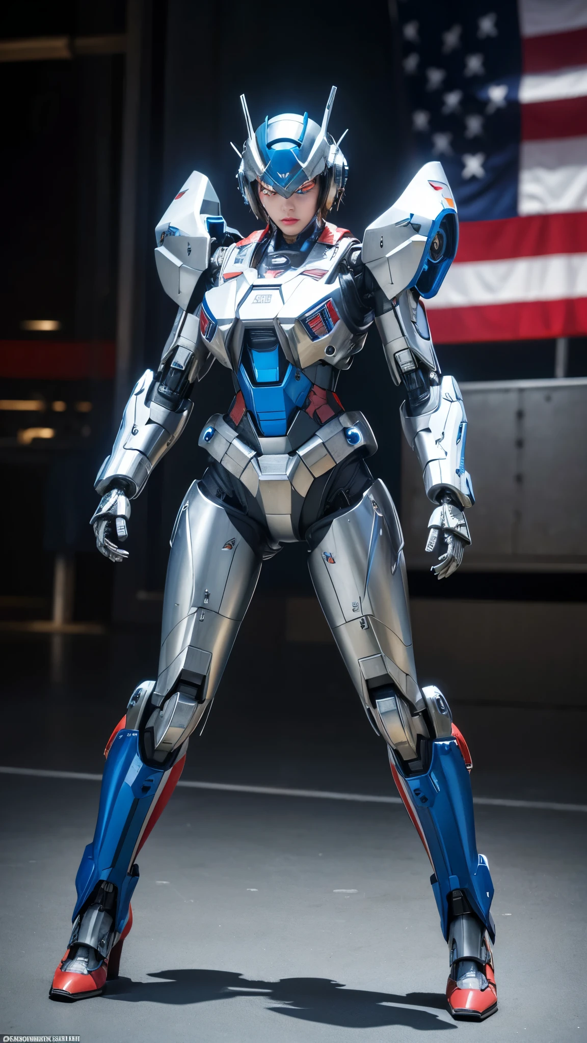Very detailed, Advanced Details, high quality, Better Quality, High resolution, 1080p, hard disk, beautiful,(Iron Patriot),beautiful,Machine Gun,Mecha Cyborg ,Battle Mode, machinewith body,She wears a futuristic Iron Patriot mech,Full Body Shot