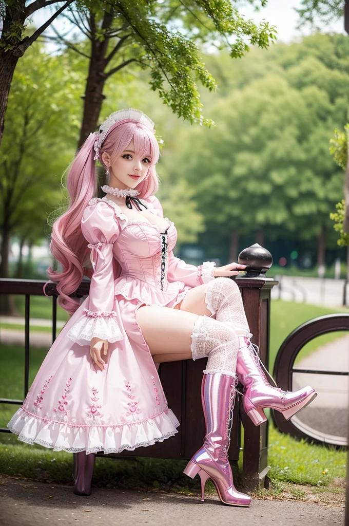 sexy stylish Russian model, only 1 female, ((doll-like appearance)), long neon pink stylish hair, ((shiny Victorian-Style boots)), (big smile), ultra detailed eyes, very detailed eye makeup, lipgloss, long lashes, defined eyebrows, ((sexy Sweet Lolita cosplay)), bell-shaped skirt, petticoats, high neckline, puffed sleeves, ((ultra detailed lace)), ((ultra detailed embroidery)), intricate details, animals, fairy tales, heart-shaped bag, Sweet Lolita accessoires, large bow, Sweet Lolita choker, ((large sparkling Sweet Lolita jewelry)), cinematic light, detailed large park background with trees