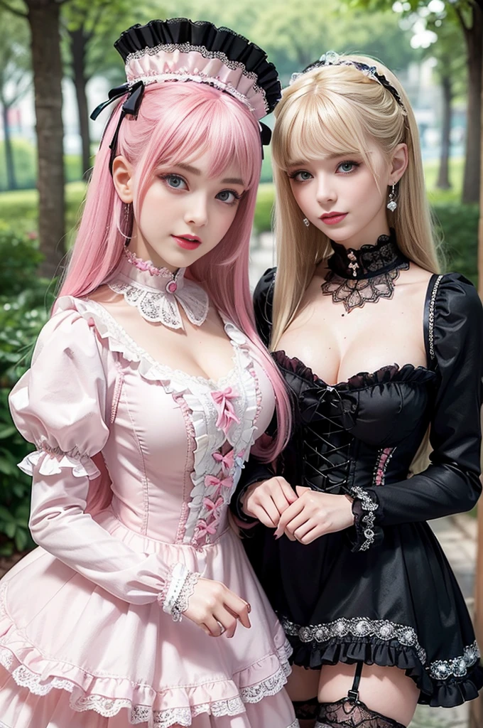 sexy stylish Russian model, only 1 female, ((doll-like appearance)), long neon pink stylish hair, ((shiny Victorian-Style boots)), (big smile), ultra detailed eyes, very detailed eye makeup, lipgloss, long lashes, defined eyebrows, ((sexy Sweet ta cosplay)), bell-shaped skirt, petticoats, high neckline, puffed sleeves, ((ultra detailed lace)), ((ultra detailed embroidery)), intricate details, animals, fairy tales, heart-shaped bag, Sweet Loliccessoires, large bow, Sweet Lolita cr, ((large sparkling Sweet Lolita jewel, cinematic light, detailed large park background with trees