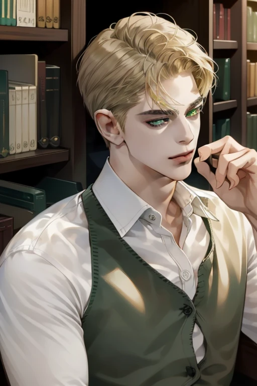 masterpiece, best quality, realistic, 1man, mature male, quiet and charming young man, 18 years old, a smirk, closed mouth, portrait, extremely detailed face, a little distant, ((dark green eyes)), ((short-side-swept sandy blonde hair)), [thick eyebrows], library, ((White shirt))