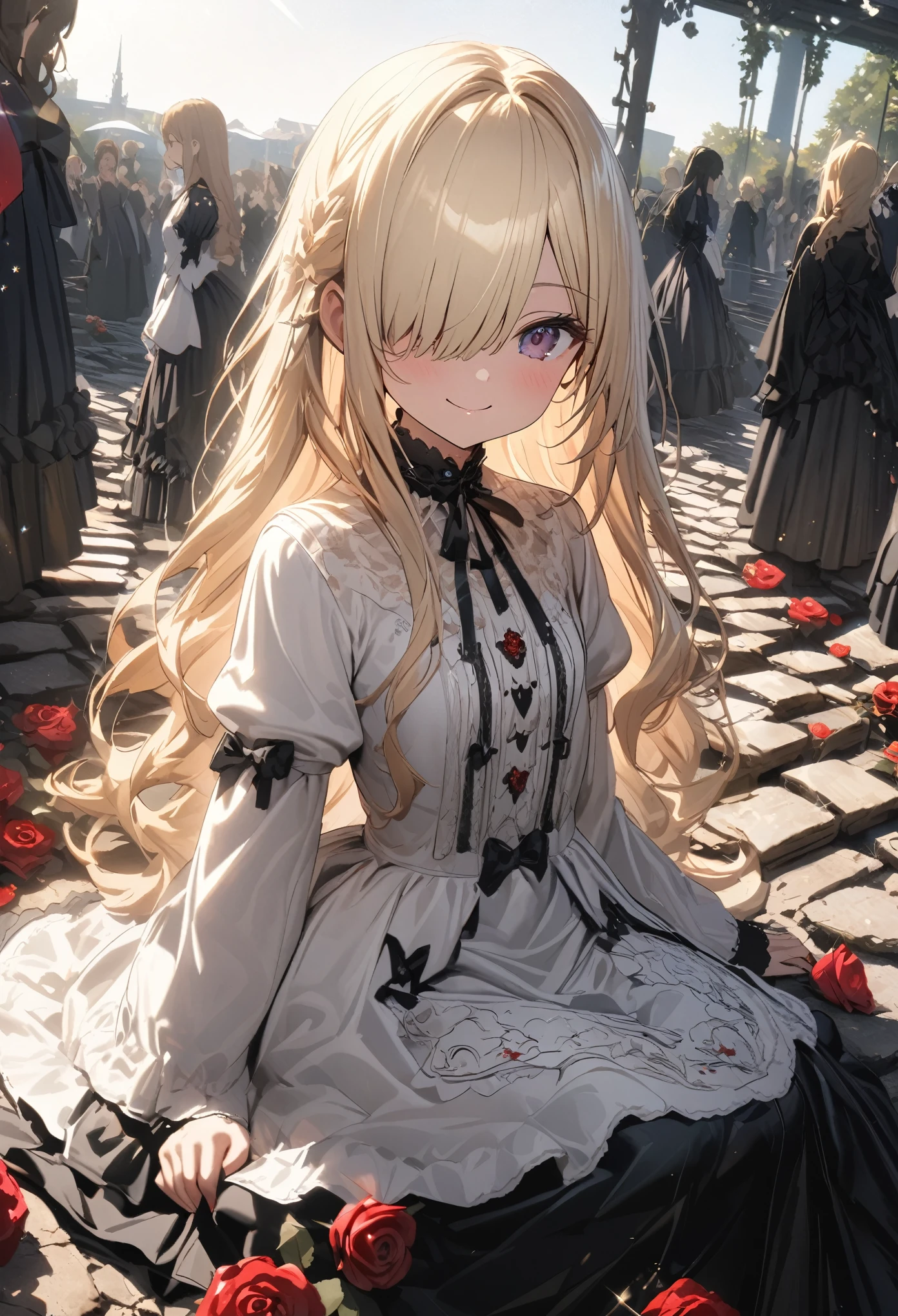 ((Masterpiece)), (Anime:1.3), ((best quality)), (Professional Photography:1.3), (super detail:1.2), (High Definition:1.3), (12 years old), 8K, lens flare, wide shot, Textured skin, cinematic lighting, 1girl, ((Beautiful Gothic Lolita pure-white-Dresses)), (very hoop-dress), Luxury roses embroidery, cute innocent young girl, (hair over one eye), Slender and small breasts, (long silky blond hair), (gothic lolita makeup), beautiful hair, (smile of ecstasy), (cute sparkle), (Healthy body), ((sitting on the rubbles)), Light particles, (beautiful appearance), (red roses garden), (sharp focus), (perfect light),