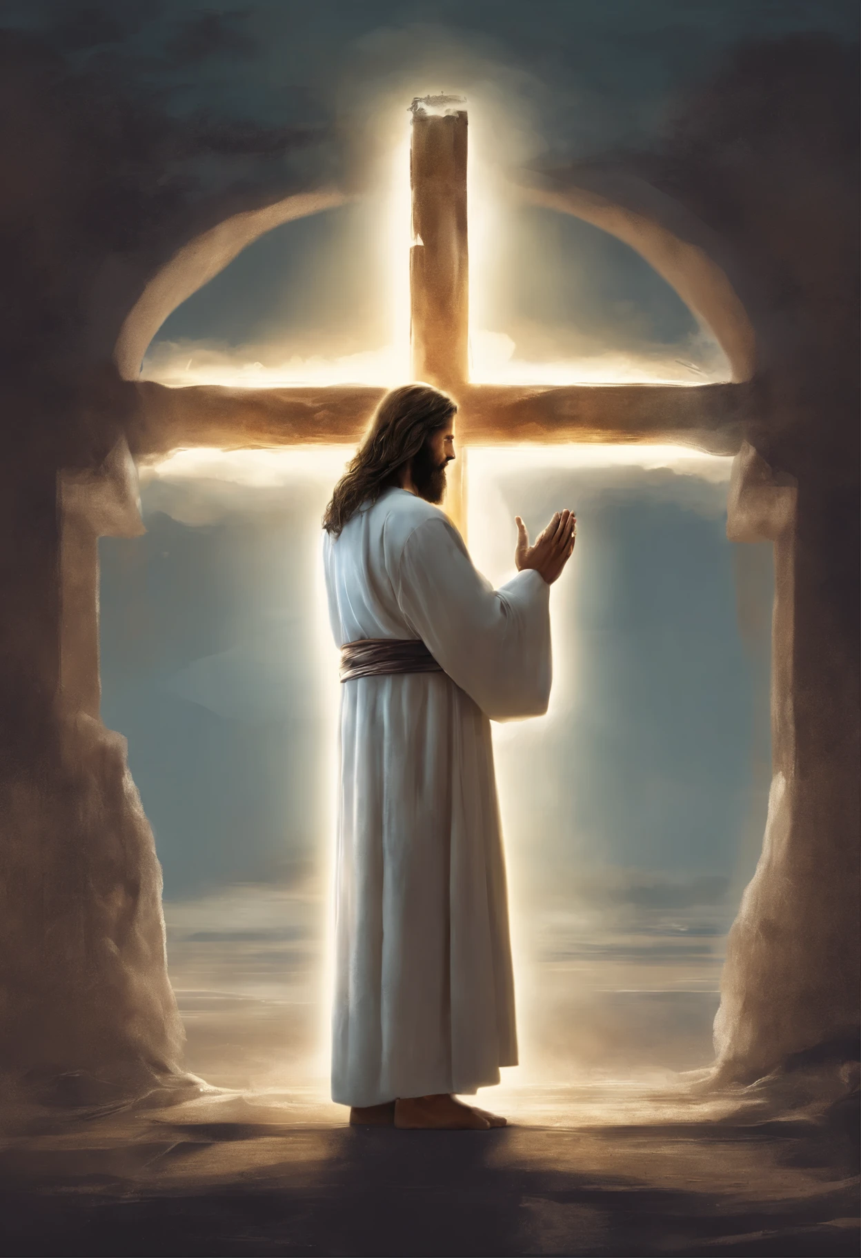 "Generate an image of Jesus in your profile, Capture in moments of deep prayer, Gently clasp your hands together,big cross."