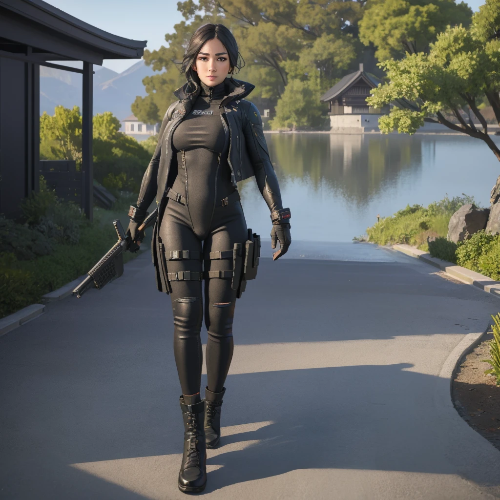 She is in a Japanese landscape with cherry trees and in the background is a Japanese castle, (full body portrait, 1 girl, looking at viewer, highly detailed, anatomy correct:1.4), black gloves, hood on, tactical gear, Sharp focus, black boots, (athletic body:1.3), black jeans, ((Best quality, masterpiece, Very beautiful woman, beautiful face)), Depth-of-field, Multi-layered textures, HDR (High Dynamic Range), Ray Tracing, NVIDIA RTX, Unreal 5, Subsurface scattering, PBR Texturing, Post-processing, Anisotropic Filtering, Maximum clarity and sharpness, Wide aperture, Low ISO, White balance, Rule of thirds, 8K RAW, (extremely slutty), (Highly realistic skin), sharp image, (extremely high quality artwork),