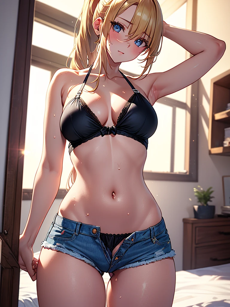 (highest quality, High resolution, perfect pixel, Depth of bounds written, 4K), from above, (cowboy shot), bed, detailed eyes, (1 lady), tall, (skinny body:1.2), (thin thighs:1.2), (Narrow hips:1.2), middle breasts, blond hair, (ponytail:1.2), (black triangle bikini:1.2), (denim short pants), (unbutton:1.3), (panty strap:1.3), (sexy pose), (arm behind head:1.2), (hand on own ass), (standing:1.2), (contrapposto:1.2), (clear face), sweat,