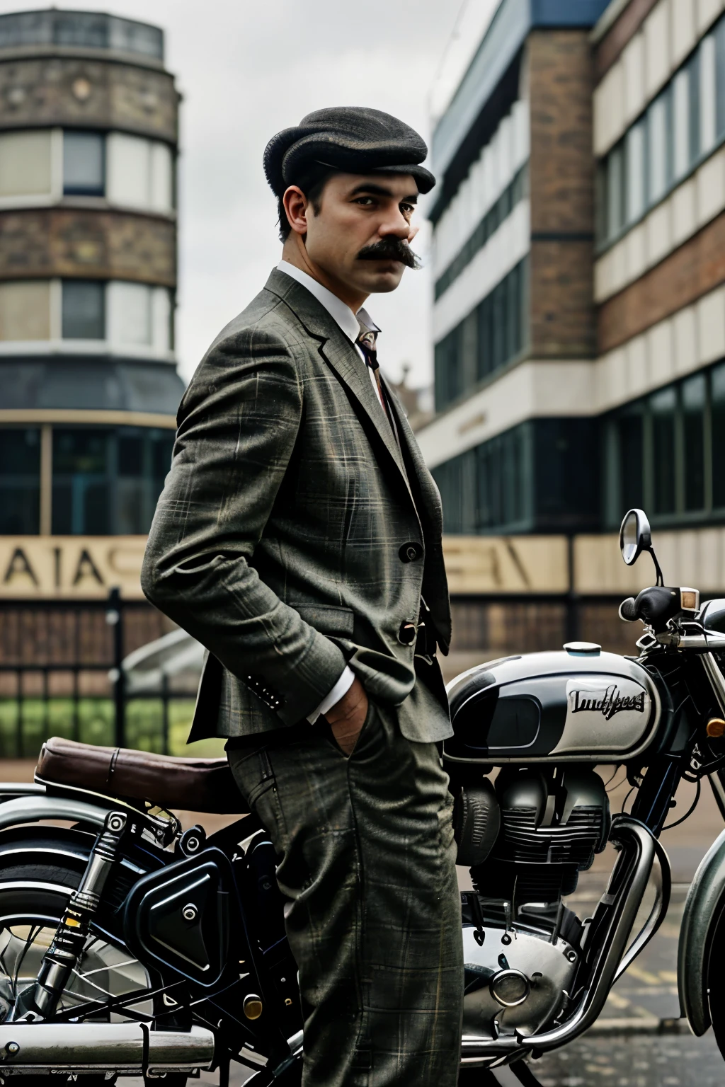 Photo of a hipster dressed in a checked suit, Poirot moustach, standing next to a vintage motorcycle , it’s a Royal Enfield from 1965, shot from the side, London, rain, film photography style, 4k.