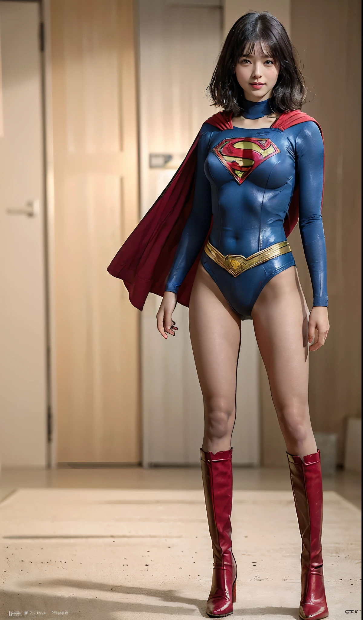 No background、(((Beautiful legs in black tights.)))、(((Legally express the beauty of your smile)))、((((Make the most of your original images)))、(((体にぴったりフィットするSupergirl Costume)))、(((Supergirl Costume)))、(((Beautiful Short Hair)))、(((She is winking cutely.)))、(((Please wear black tights....、Wear red boots)))、((Best image quality、8k))、((highest quality、8k、masterpiece:1.3))、(((Preserve background )))、Sharp focus:1.2、Beautiful woman with perfect figure:1.4、Slim Abs:1.2、Wet body:1.5、Highly detailed face and skin texture、8k