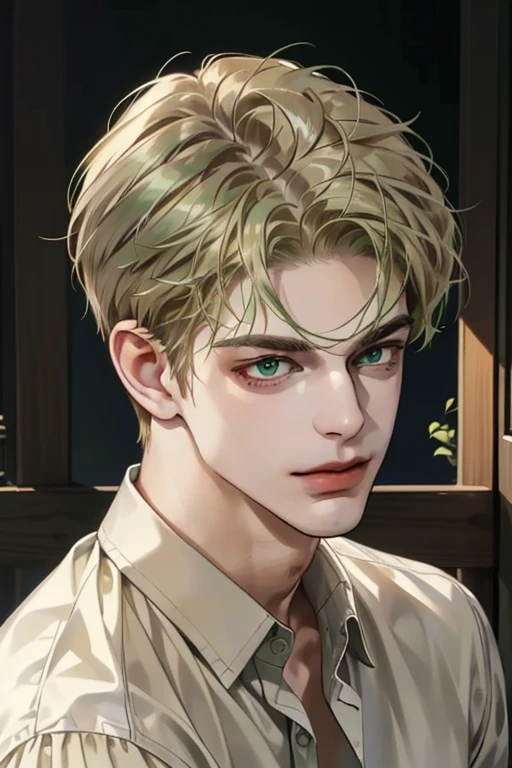 masterpiece, best quality, realistic, 1man, mature male, quiet and charming young man, 18 years old, a smirk, closed mouth, portrait, extremely detailed face, a little distant, ((dark green eyes)), ((short-side-swept sandy blonde hair)), [thick eyebrows], library, ((White shirt))