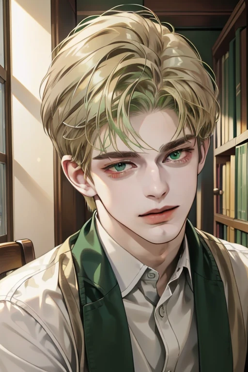 masterpiece, best quality, realistic, 1man, mature male, quiet and charming young man, 18 years old, a smirk, closed mouth, portrait, extremely detailed face, a little distant, ((dark green eyes)), ((short-side-swept sandy blonde hair)), [thick eyebrows], library, ((White shirt))