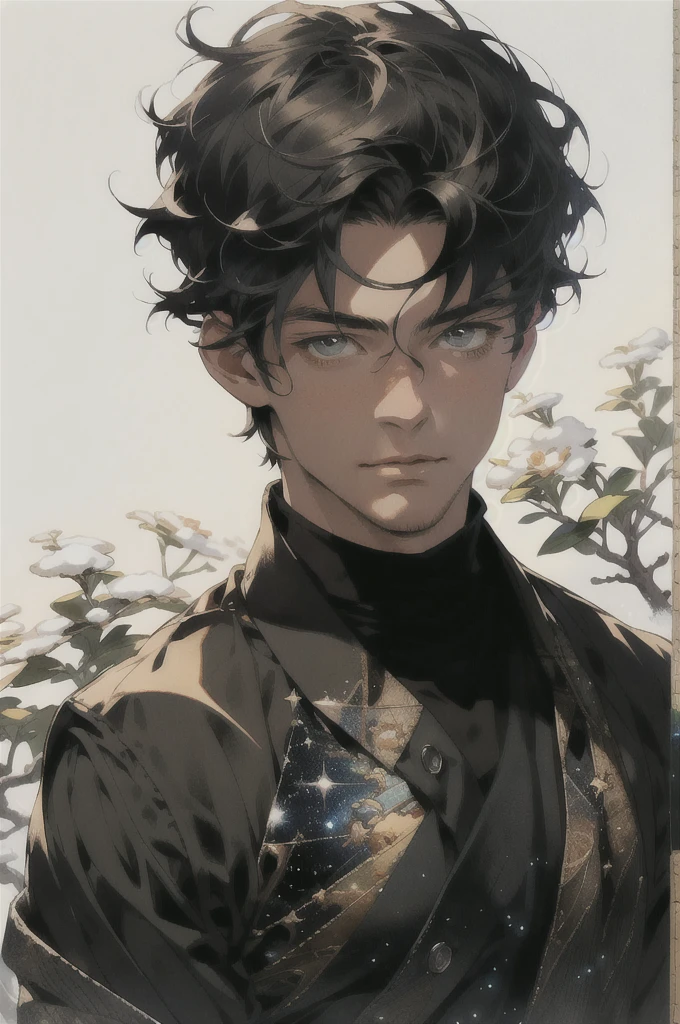 Realistic, (masterpiece, top quality, best quality, official art), very detailed, colorful, most detailed, gods, short hair, black hair, (magic), handsome man, starry sky, winter, snowfield