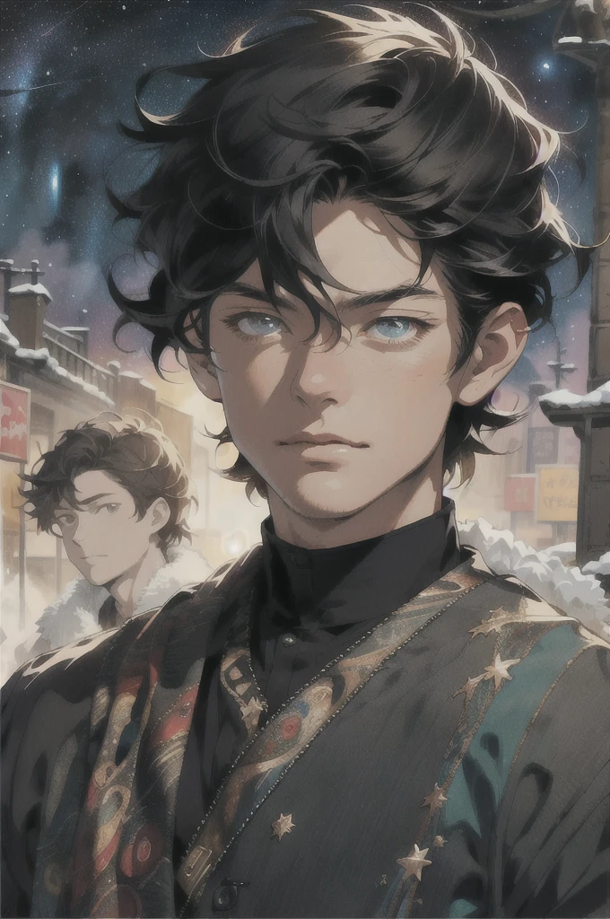 Realistic, (masterpiece, top quality, best quality, official art), very detailed, colorful, most detailed, gods, short hair, black hair, (magic), handsome man, starry sky, winter, snowfield