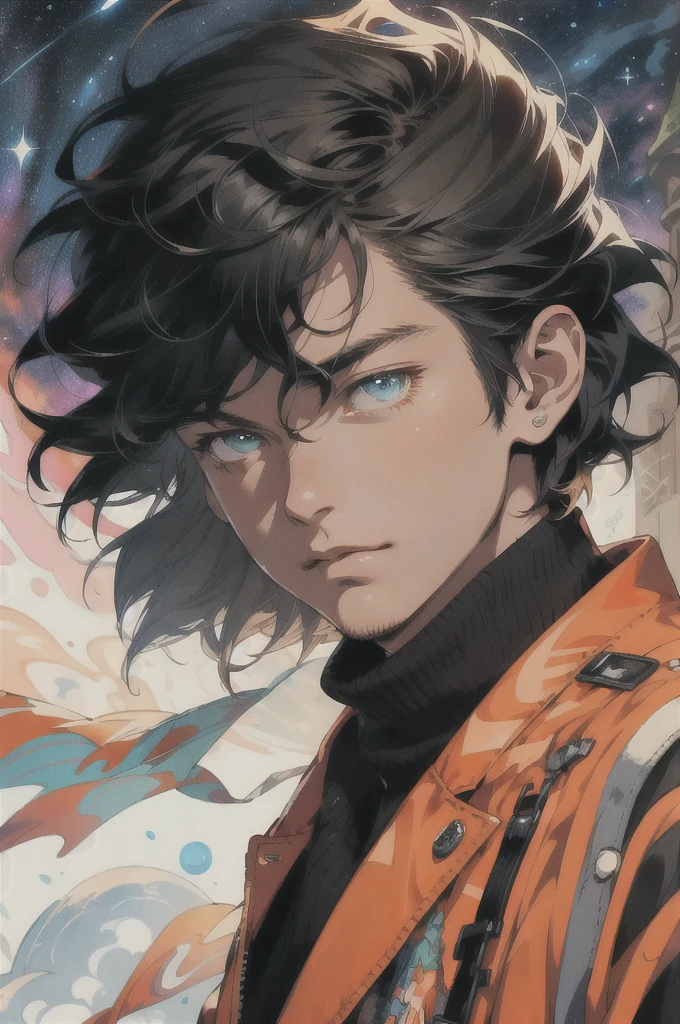Realistic, (masterpiece, top quality, best quality, official art), very detailed, colorful, most detailed, gods, short hair, black hair, (magic), handsome man, starry sky, winter, snowfield