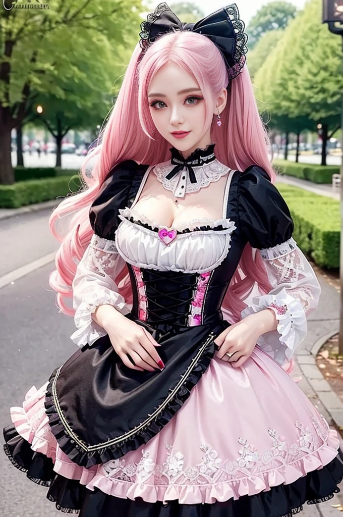 sexy stylish Russian model, only 1 female, ((doll-like appearance)), long neon pink stylish hair, ((shiny Victorian-Style boots)), (big smile), ultra detailed eyes, very detailed eye makeup, lipgloss, long lashes, defined eyebrows, ((sexy Sweet ta cosplay)), bell-shaped skirt, petticoats, high neckline, puffed sleeves, ((ultra detailed lace)), ((ultra detailed embroidery)), intricate details, animals, fairy tales, heart-shaped bag, Sweet Loliccessoires, large bow, Sweet Lolita cr, ((large sparkling Sweet Lolita jewel, cinematic light, detailed large park background with trees