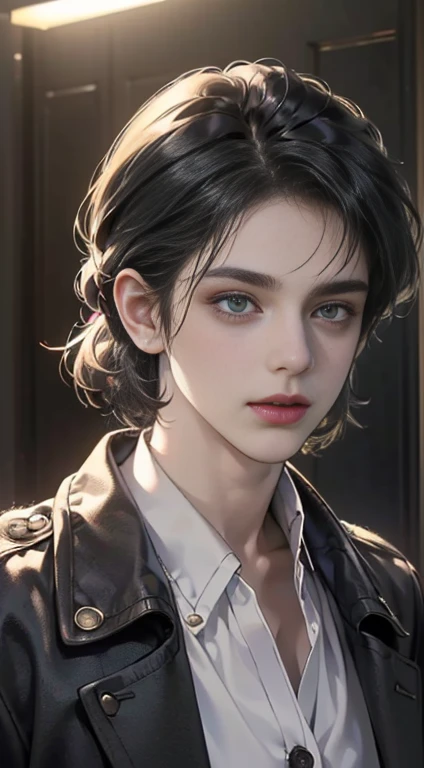 (best quality, masterpiece, 8 thousand, realistic, cinematic lighting, 1:4 HDR images, very detailed, beautiful photoature man, very handsome, ((cold expression)), black short hair, black eye, A perfect face without any mistakes, ((Buttoning my jacket, chief executive))