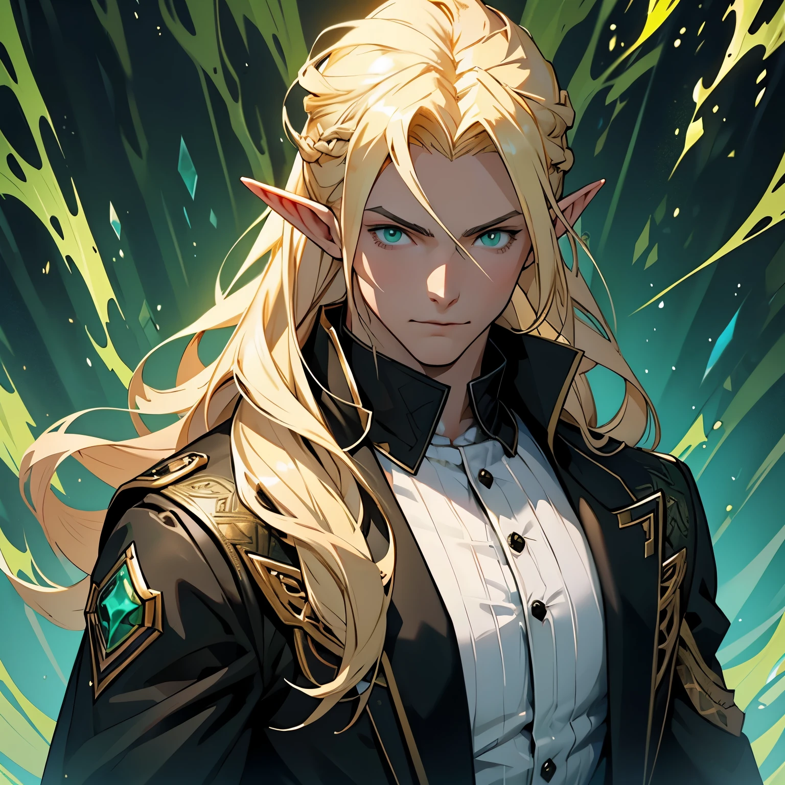 (masterpiece), best quality, high quality, (1boy:1.1), adult male elf, pointy ears, handsome, blonde hair, long hair, green eyes, black jacket, white shirt, looking at viewer, upper body, splash art, rpg, intrincate, (muscular male:0.7),