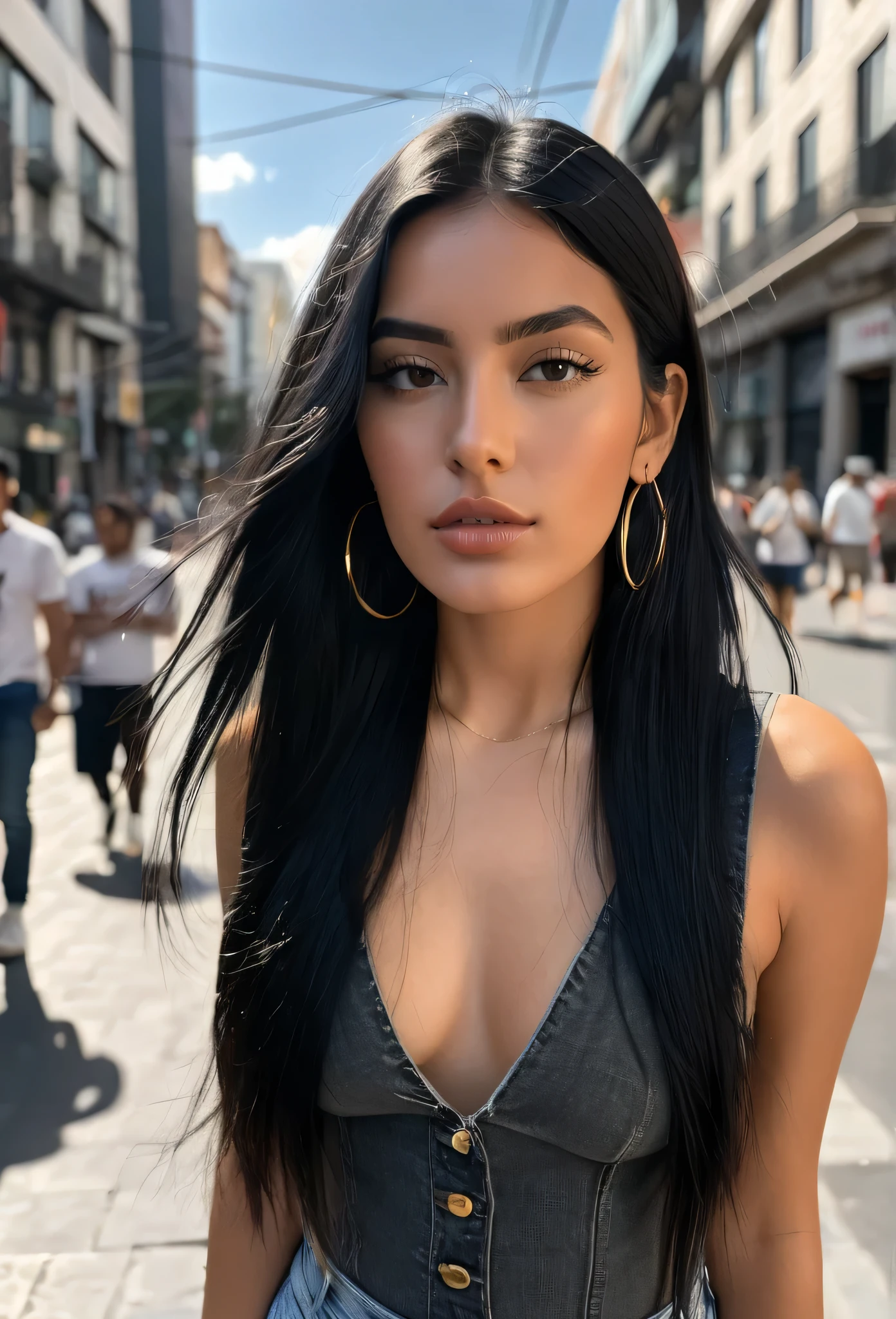 A medium shot of a charismatic young influencer, 23 years old, long black hair, prominent bust, captured in the streets in Mexico City. (Iphone 14 pro max triple front camera, capturing natural light and shadows, raw, karely ruiz