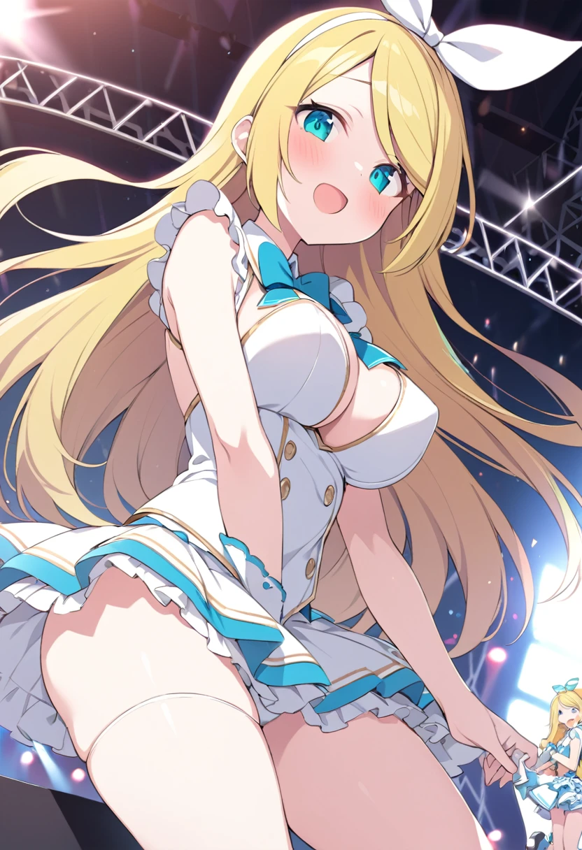 KAGAMINE RIN, long HAIR, BOW, blonde hair., large breasts,, Live Stage,  , solo, ,nipple, 