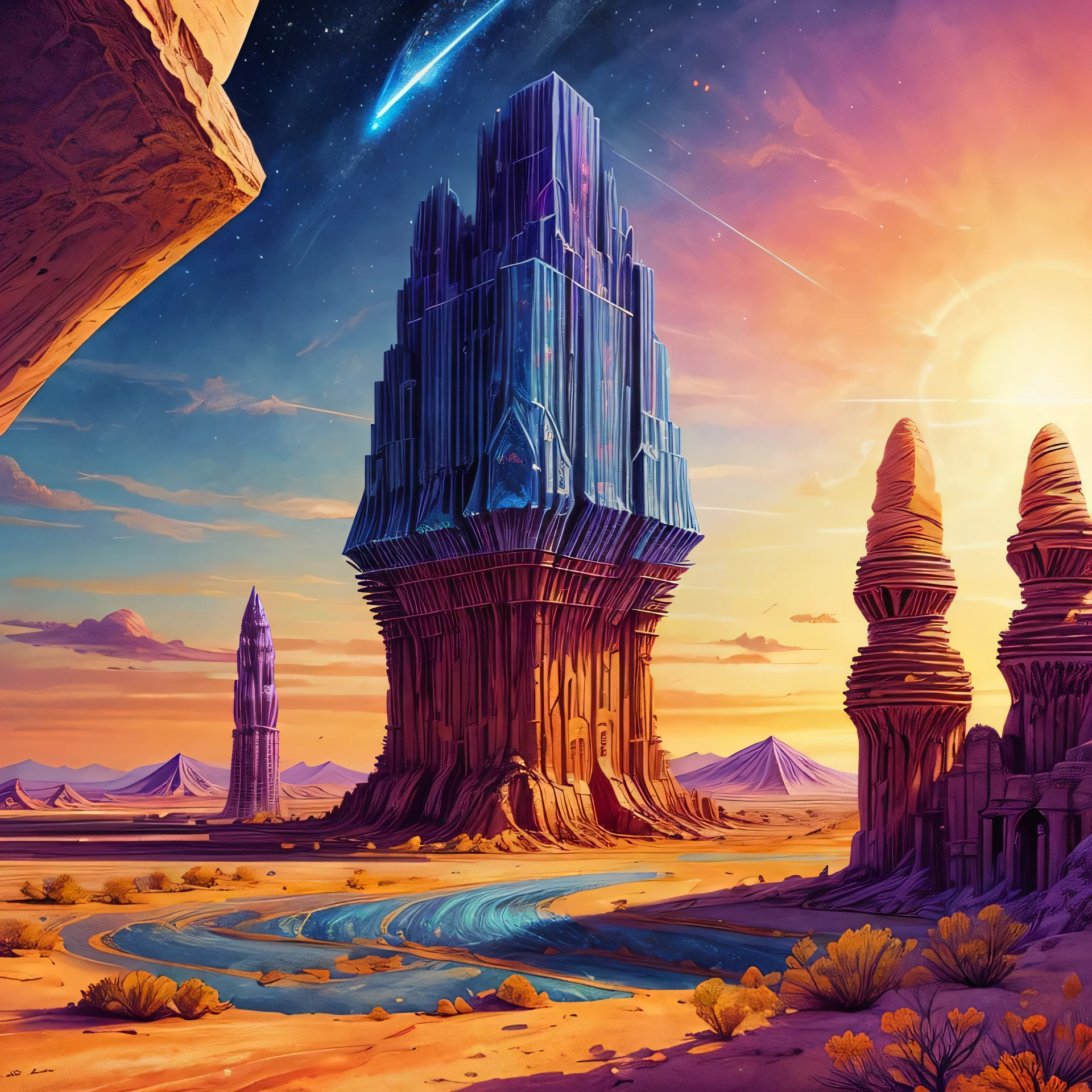 Generates a Long Play cover image of a progressive rock band, with the following elements: a desert landscape with ancient pyramids, a flat, paradisiacal sky with orange and pink tones at sunset, and a futuristic city with glass skyscrapers and metal between the pyramids. (((In the sky, in the distance a single sapphire blue dragon))), flying majestically, and in the foreground, a mystical character with a robe and staff, emanating a magical aura.