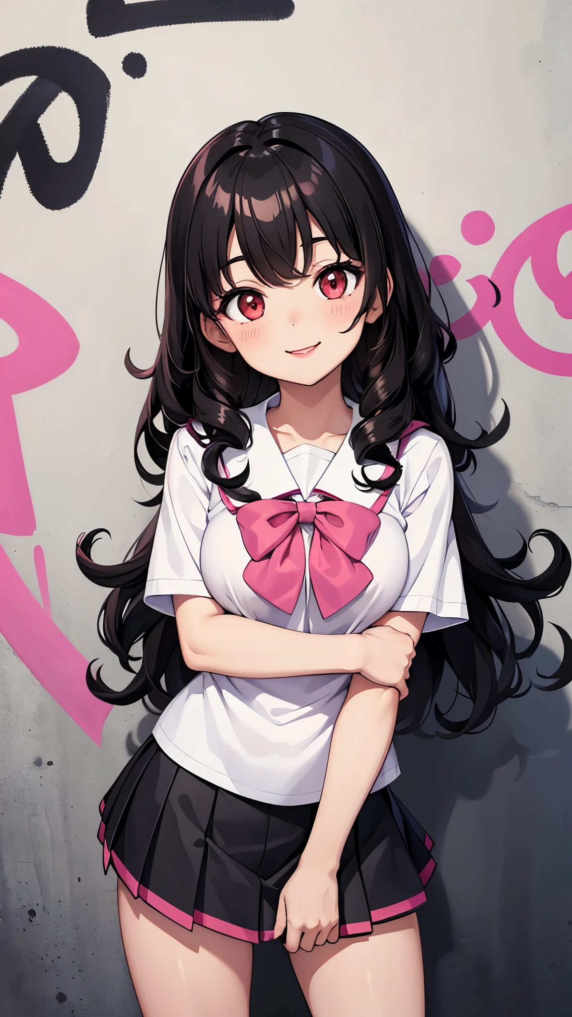 masterpiece, best quality, 1girl, very cute, shy face, red eyes, black hair, medium curly hair, pink lips, white skin, smiling, upper body, clean body, scholl uniform, mini skirt, small breasts, walls of graffiti background.
