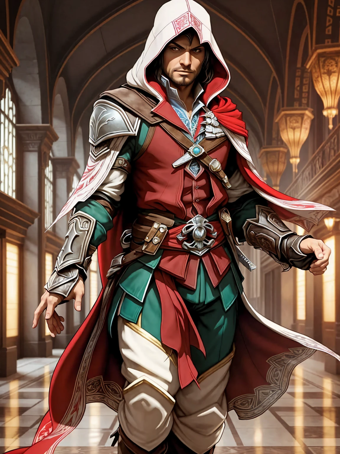 Ezio Auditore da Firenze, the iconic protagonist of the Assassin's Creed series, standing in an Art Nouveau-inspired setting. His traditional Assassin's Creed outfit, consisting of a hooded red cloak and dark pants, accentuates his muscular physique. The background features intricate gold ornaments, reflecting the ultrarealistic gold ornaments adorning Ezio's belt, wrist, and armguards. His skin, face, and body are rendered in ultrarealistic detail, showcasing the intricacies of his features, including ultra detailed eyes, face, and a full body symmetrical with thick lines that follow the Fibonacci, golden ratio, and 3D metal structure tessellation. The neural graphic motif on his chest and back add a unique touch to his appearance, while the vibrant color palette reflects the passion and love that Ezio has for his craft as an Assassin. The image is rendered in an ultrahigh 8k resolution, making every detail pop, and serves as a testament to the artist's incredible skill and vision. This masterpiece would be right at home on platforms like Artstation, showcasing the beauty and surrealism of the Art Nouveau style fused with the epic world of Assassin's Creed.