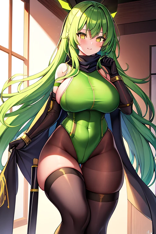 1girl, green hair, long hair, yellow eyes, light smile, glowing eyes, large breasts, thick thighs, athletic female, toned, leotard, black leotard, thighhighs, arm strap, thigh strap, black thighhighs, belt, knife, pantyhose, black pantyhose, ninja, kunoichi, scarf, robe, cape