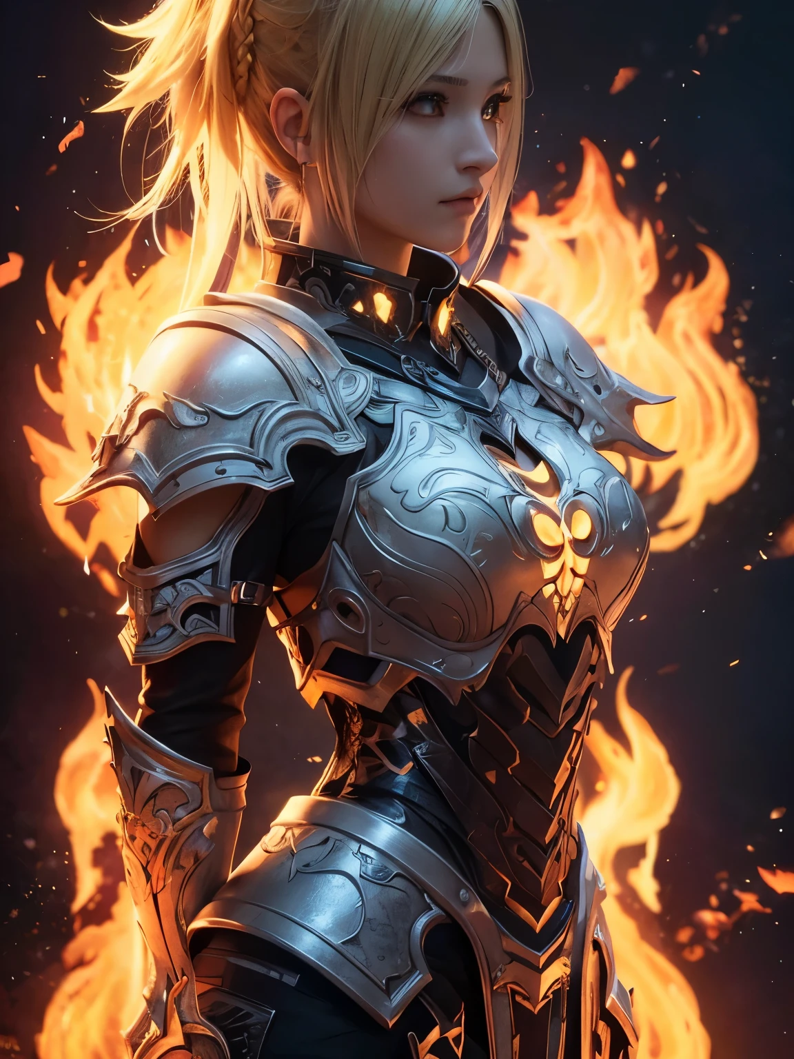 2.5D CGI anime fantasy portrait artwork (((Waist up::1. 4))), realistic skin texture, front view::1.0, (((Final Fantasy aesthetic style))) in complex & hyper detailed white fantasy armor (((lava glow effect))), panning photography::1, midnight hour illumination, short blonde hair & long braid, best quality, perfect face, 8k, UHD, (masterpiece), cinematic pose & cinematic illumination