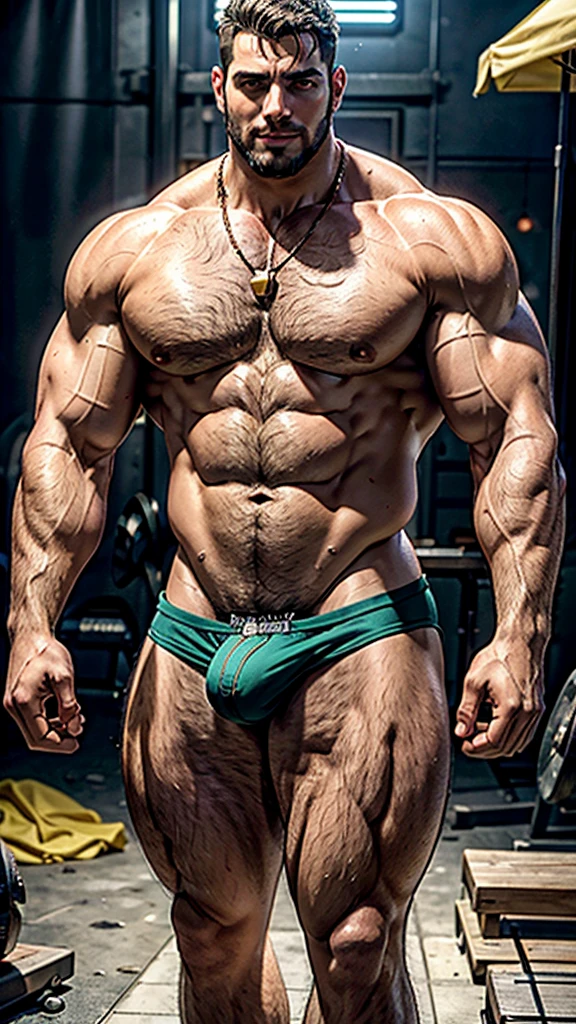 Carlos Oliveira Resident Evil, beefy build, hefty, bodybuilder, muscle swelling, shirtless, beach underwear, very hot male, beefy pecs, hairy chest, six-pack ABS, hairy abdomen, hairy groin, small gold necklace, 3 meters tall bodybuilder, oversized biceps are 240 inches, with long oversized arms, shy smile, hyper realistic style, erotic, ultra hd, realistic, vivid colors, highly detailed, UHD drawing, pen and ink, perfect composition, beautiful detailed intricate insanely detailed octane render trending on artstation, 8k artistic photography, photorealistic concept art, soft natural volumetric cinematic perfect light.