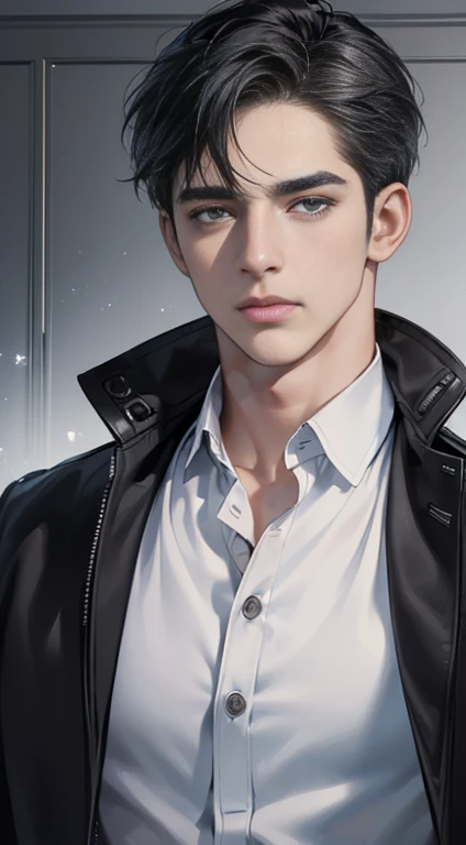 (best quality, masterpiece, 8 thousand, realistic, cinematic lighting, 1:4 HDR images, very detailed, beautiful photoature man, very handsome, ((cold expression)), black short hair, black eye, A perfect face without any mistakes, ((Buttoning my jacket, chief executive))