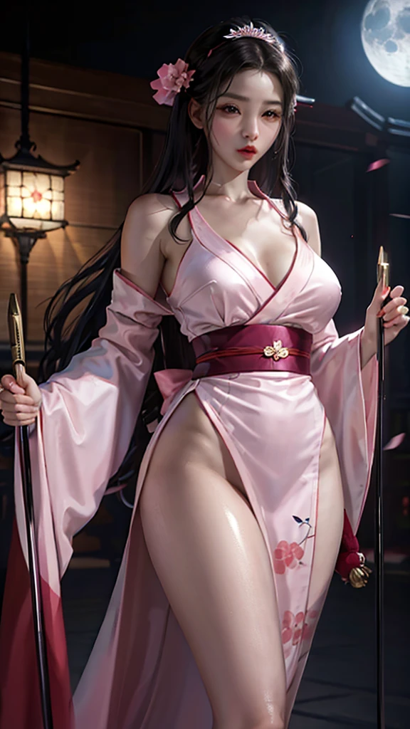 masterpiece, (pink kimono), seductive face, good lighting, low-cut, fine details, masterpiece, girl, black hair, gag, Nezuko Kamado, old twon,night time,moon,masterpiece, best quality, POV, wide hips,