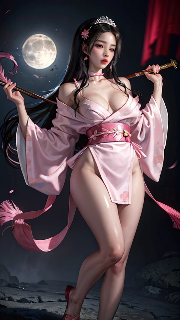 masterpiece, (pink kimono), seductive face, good lighting, low-cut, fine details, masterpiece, girl, black hair, gag,  Nezuko Kamado, old twon,night time,moon,masterpiece, best quality, POV, wide hips,