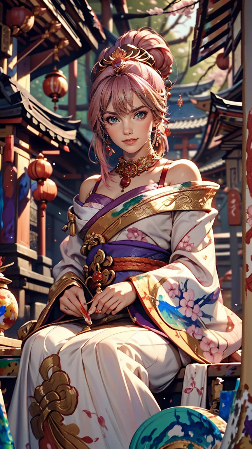 One girl, (Ulzzang-6500:0.7), K-Pop Idols, yae miko, Removable sleeves, Exposing shoulders, Pink Hair, Long Hair, kimono, highest quality, (Painting:1.5), (hair ornaments:1.35), jewelry, Purple eyes, Earrings, chest, torii, cherry blossoms, Lantern Light, Depth of written boundary, Detailed face, Face Focus, ribbon_trim, (View Viewer:1.25), Non-traditional Shrine Maiden, Shiny skin, Long sleeve, smile, Thick lips, Game CG, Put your hand on your lips, East Asian architecture, (Blurred Background:1.2), Sitting, Upper Body,