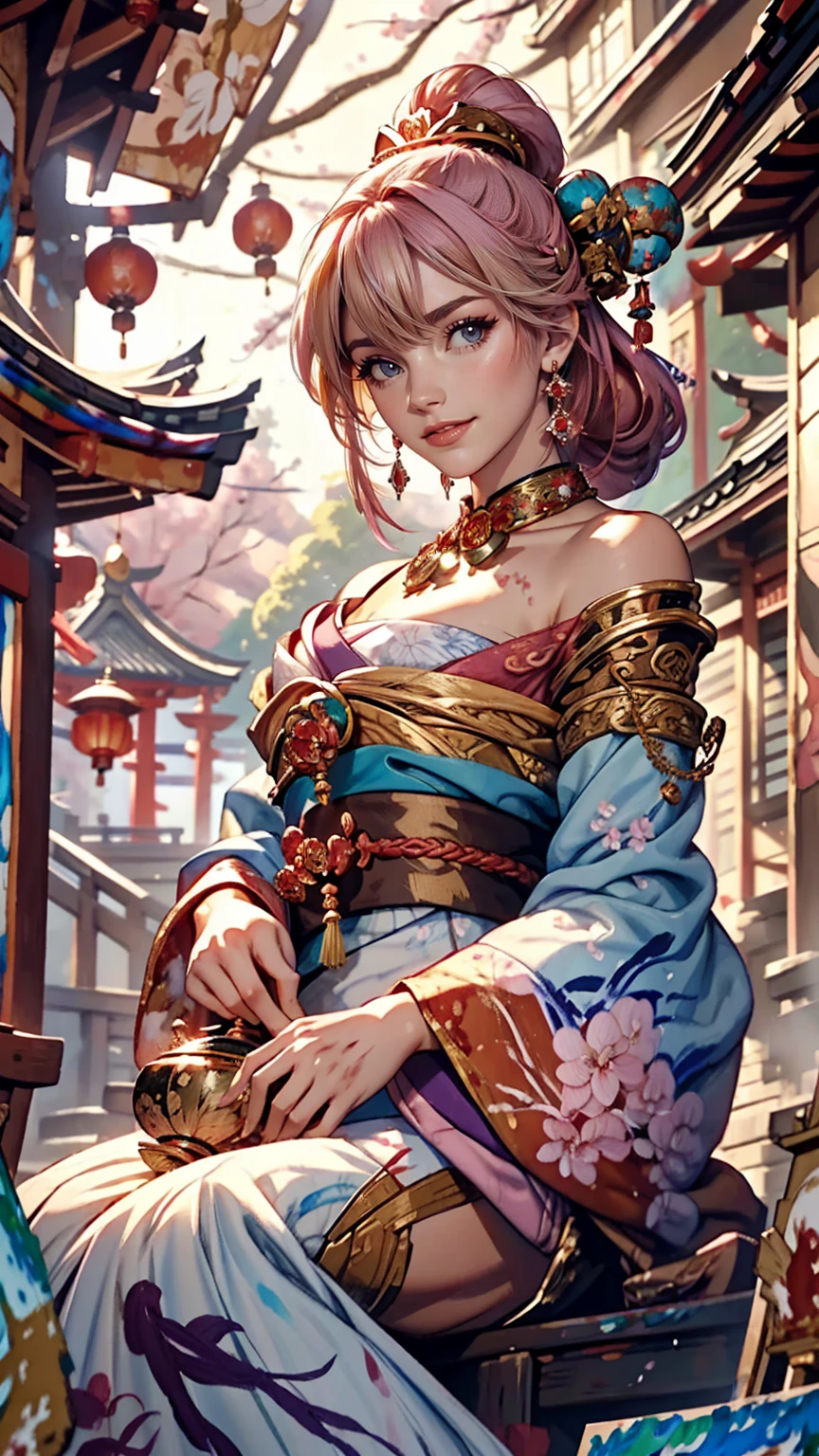 One girl, (Ulzzang-6500:0.7), K-Pop Idols, yae miko, Removable sleeves, Exposing shoulders, Pink Hair, Long Hair, kimono, highest quality, (Painting:1.5), (hair ornaments:1.35), jewelry, Purple eyes, Earrings, chest, torii, cherry blossoms, Lantern Light, Depth of written boundary, Detailed face, Face Focus, ribbon_trim, (View Viewer:1.25), Non-traditional Shrine Maiden, Shiny skin, Long sleeve, smile, Thick lips, Game CG, Put your hand on your lips, East Asian architecture, (Blurred Background:1.2), Sitting, Upper Body,